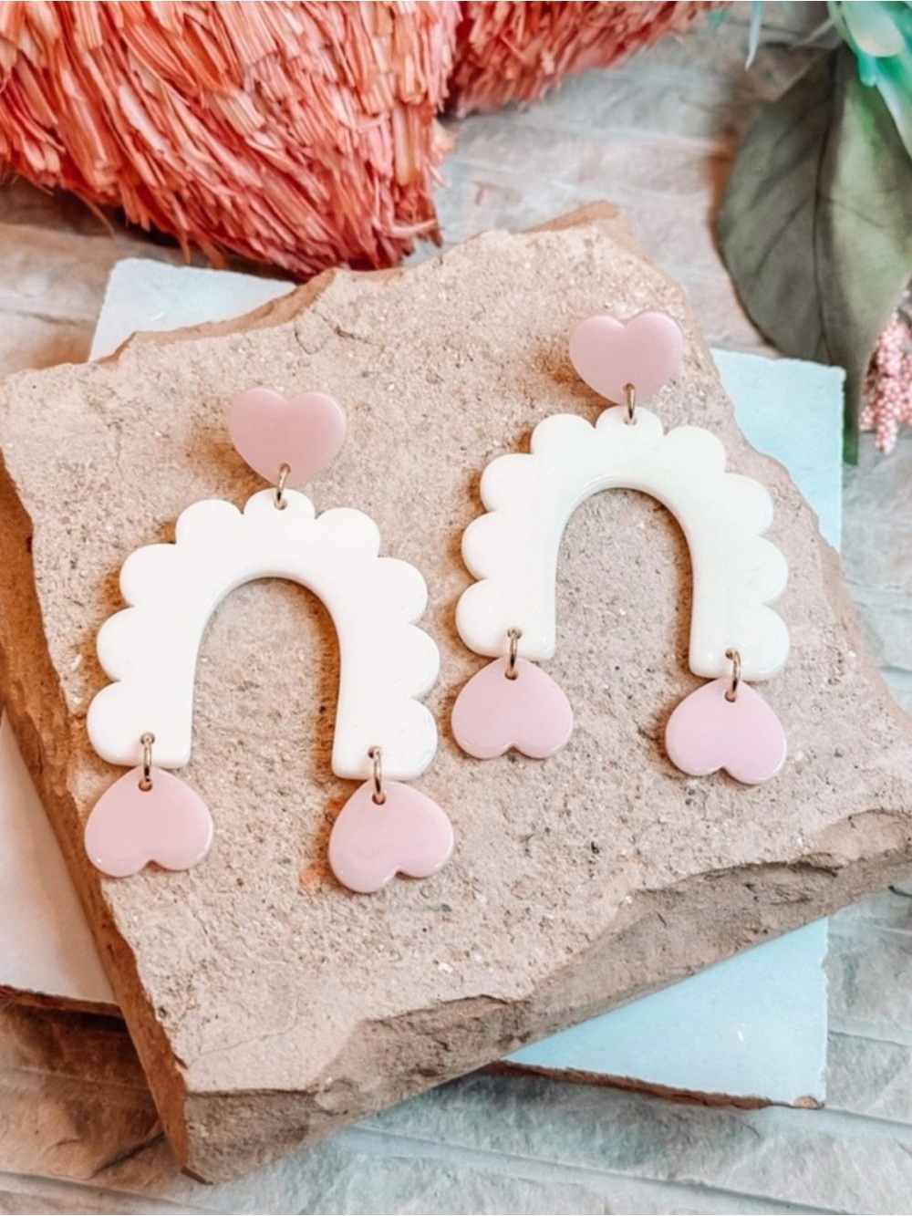 Pink and White Heart Drop Arch Earrings - New